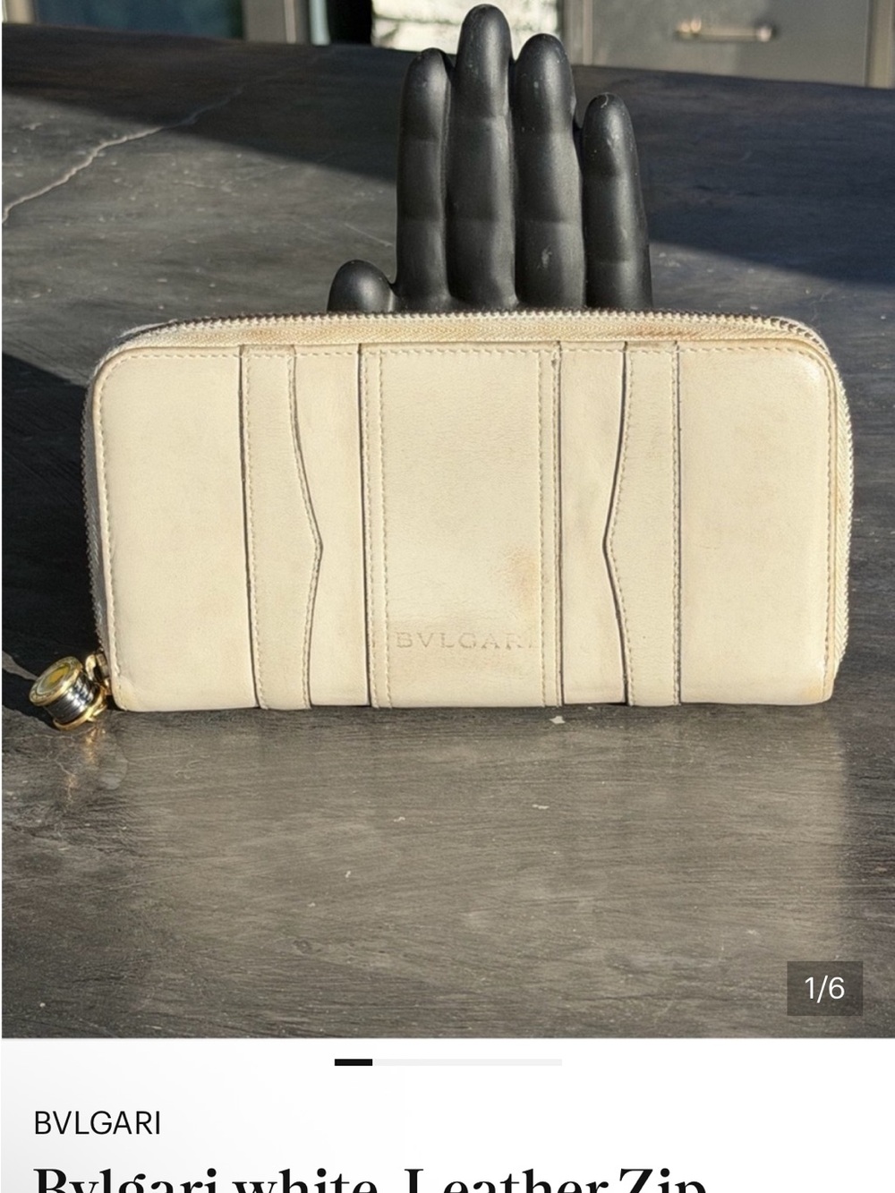 Bulgari Cream Leather Zip Wallet with Gold Accent